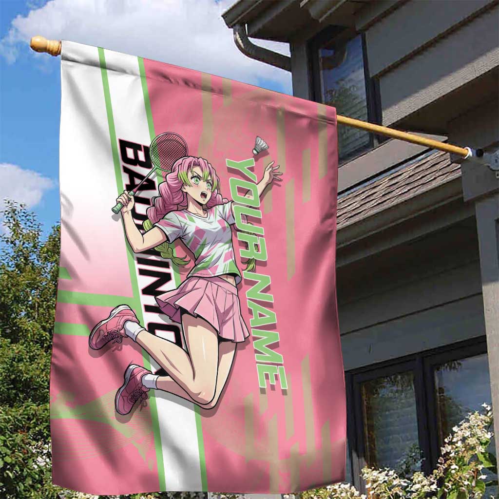 Personalized Mitsuri Kanroji Demon Slayer Badminton Garden Flag with Racket Action Pose and Pink Green Graphic Design - The Mazicc