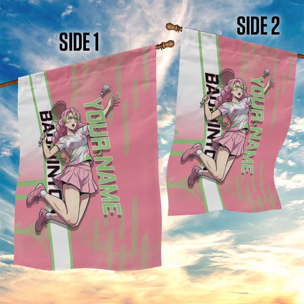 Personalized Mitsuri Kanroji Demon Slayer Badminton Garden Flag with Racket Action Pose and Pink Green Graphic Design - The Mazicc