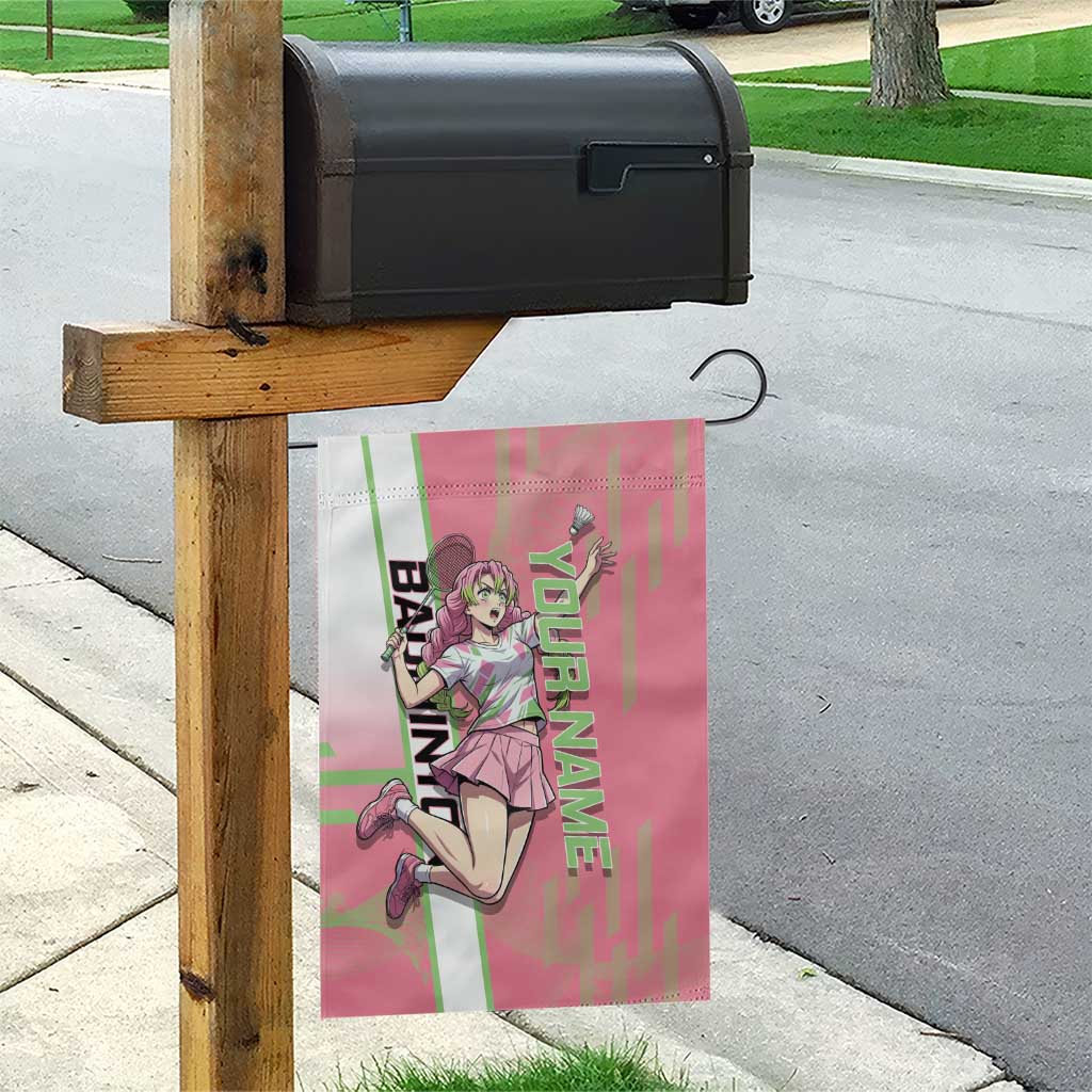 Personalized Mitsuri Kanroji Demon Slayer Badminton Garden Flag with Racket Action Pose and Pink Green Graphic Design - The Mazicc