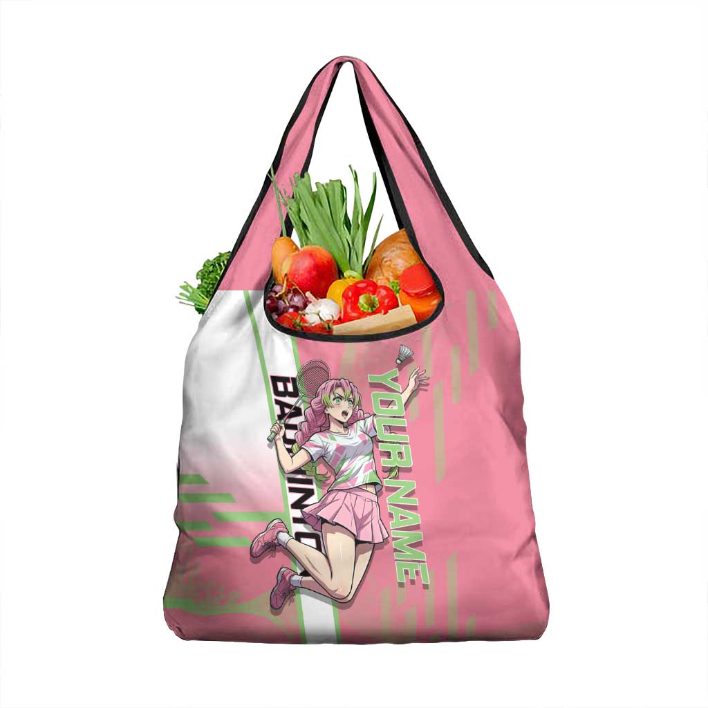Personalized Mitsuri Kanroji Demon Slayer Badminton Grocery Bag with Racket Action Pose and Pink Green Graphic Design - The Mazicc