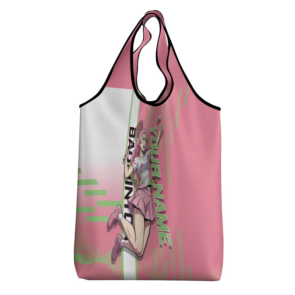 Personalized Mitsuri Kanroji Demon Slayer Badminton Grocery Bag with Racket Action Pose and Pink Green Graphic Design - The Mazicc