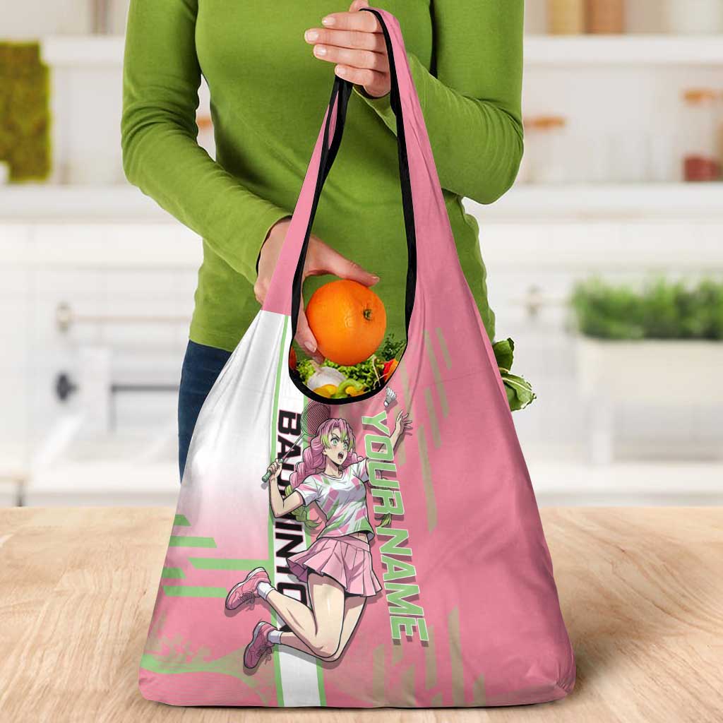 Personalized Mitsuri Kanroji Demon Slayer Badminton Grocery Bag with Racket Action Pose and Pink Green Graphic Design - The Mazicc