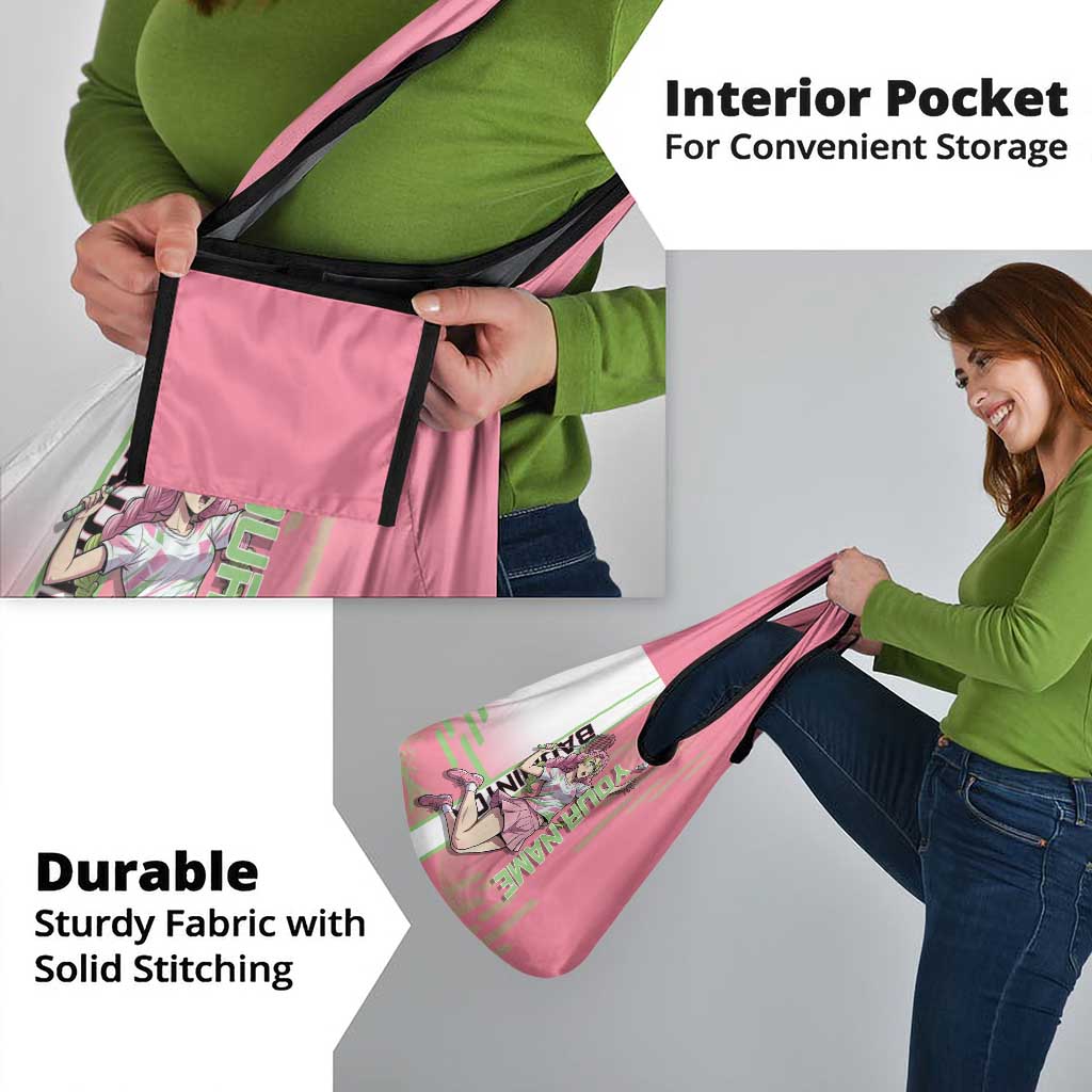 Personalized Mitsuri Kanroji Demon Slayer Badminton Grocery Bag with Racket Action Pose and Pink Green Graphic Design - The Mazicc