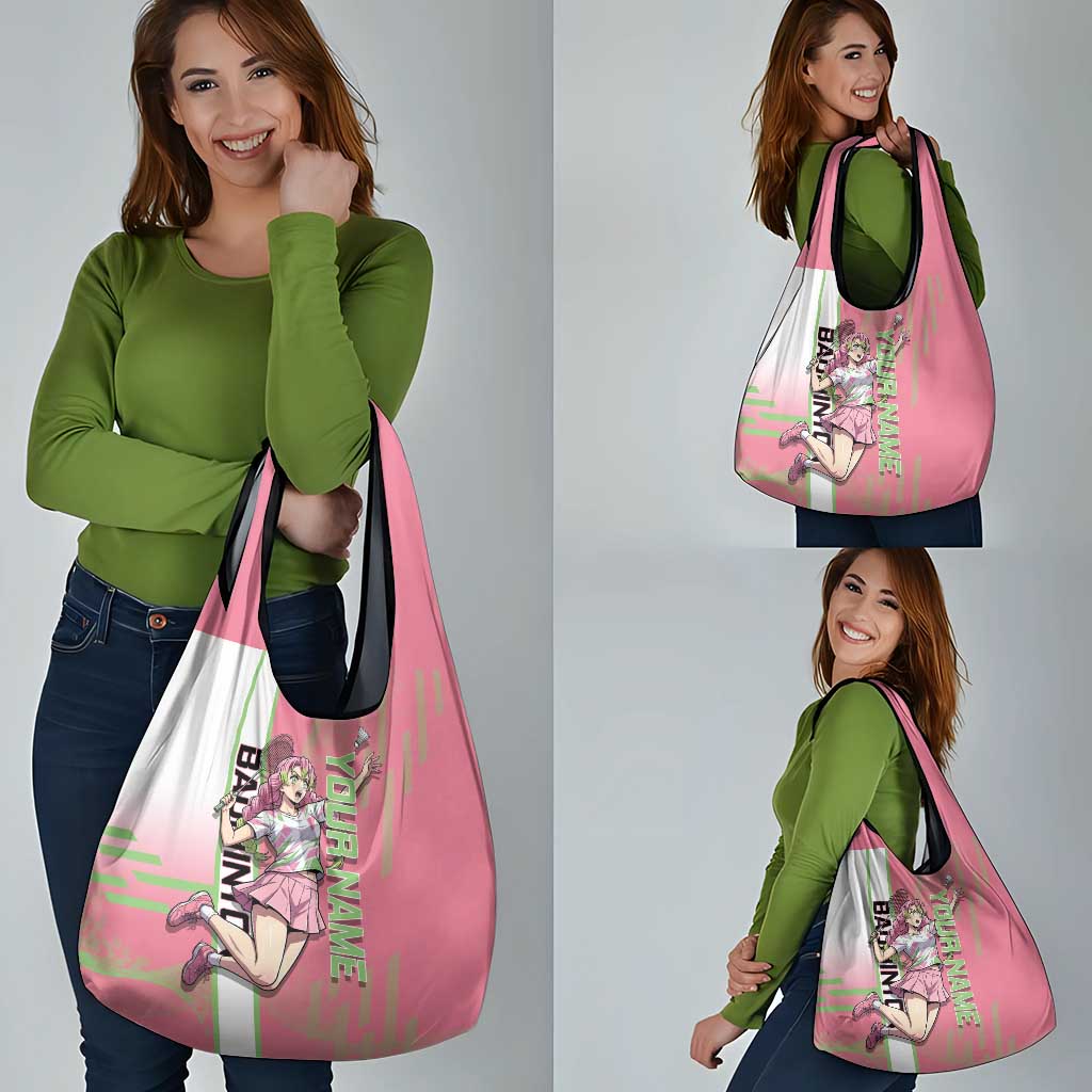 Personalized Mitsuri Kanroji Demon Slayer Badminton Grocery Bag with Racket Action Pose and Pink Green Graphic Design - The Mazicc