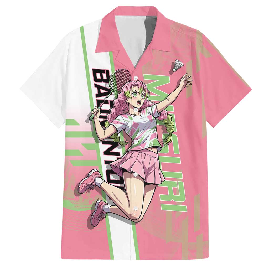 Personalized Mitsuri Kanroji Demon Slayer Badminton Hawaiian Shirt with Racket Action Pose and Pink Green Graphic Design - The Mazicc
