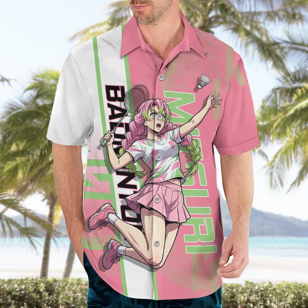 Personalized Mitsuri Kanroji Demon Slayer Badminton Hawaiian Shirt with Racket Action Pose and Pink Green Graphic Design - The Mazicc