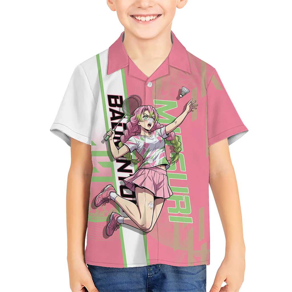Personalized Mitsuri Kanroji Demon Slayer Badminton Hawaiian Shirt with Racket Action Pose and Pink Green Graphic Design - The Mazicc