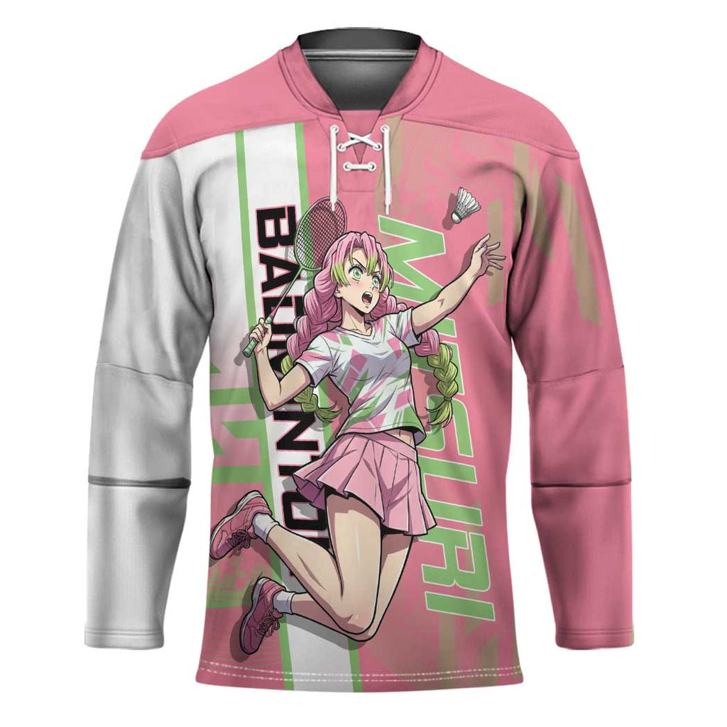 Personalized Mitsuri Kanroji Demon Slayer Badminton Hockey Jersey with Racket Action Pose and Pink Green Graphic Design - The Mazicc