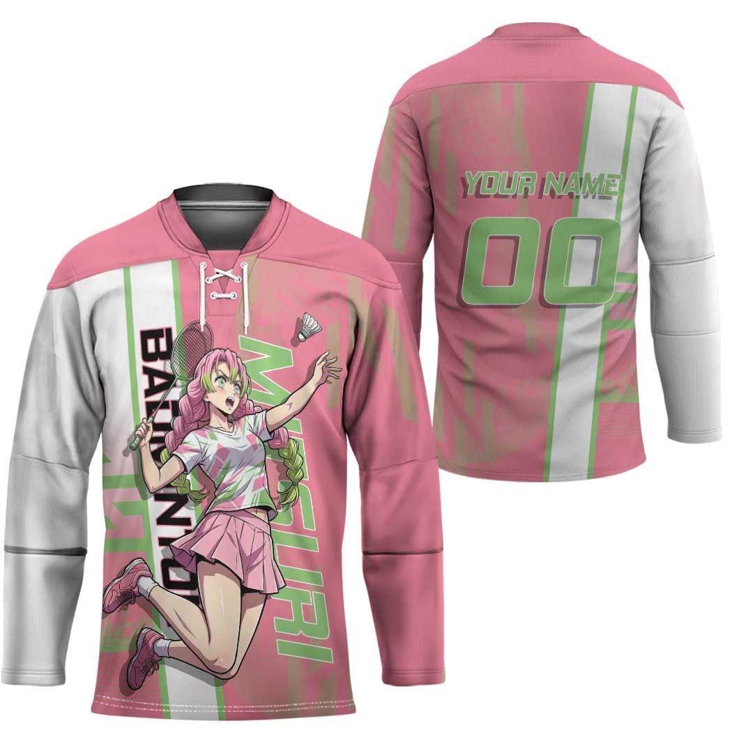 Personalized Mitsuri Kanroji Demon Slayer Badminton Hockey Jersey with Racket Action Pose and Pink Green Graphic Design - The Mazicc