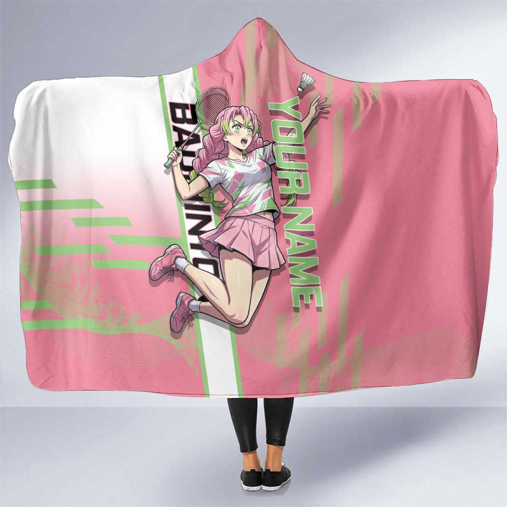 Personalized Mitsuri Kanroji Demon Slayer Badminton Hooded Blanket with Racket Action Pose and Pink Green Graphic Design - The Mazicc
