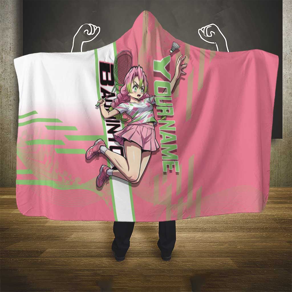 Personalized Mitsuri Kanroji Demon Slayer Badminton Hooded Blanket with Racket Action Pose and Pink Green Graphic Design - The Mazicc