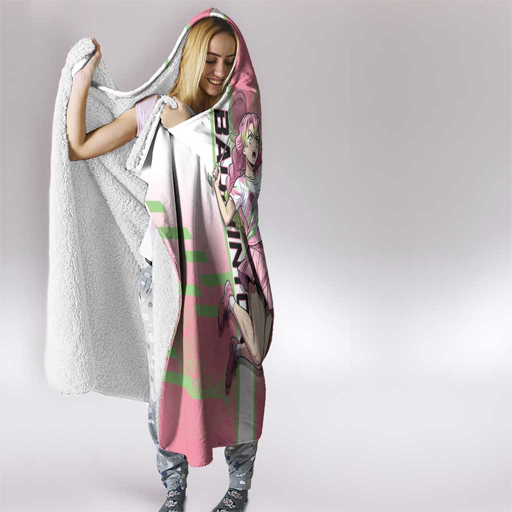 Personalized Mitsuri Kanroji Demon Slayer Badminton Hooded Blanket with Racket Action Pose and Pink Green Graphic Design - The Mazicc