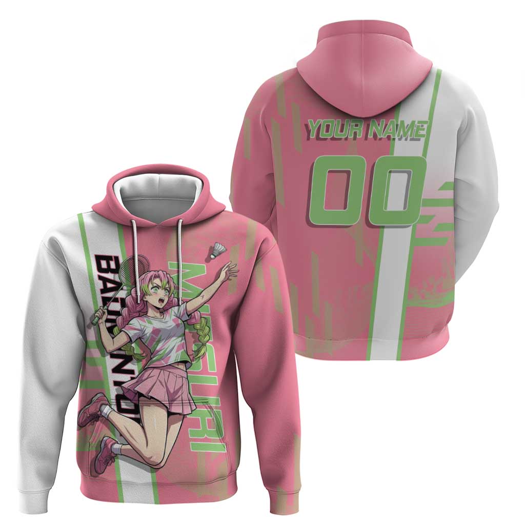 Personalized Mitsuri Kanroji Demon Slayer Badminton Hoodie with Racket Action Pose and Pink Green Graphic Design - The Mazicc