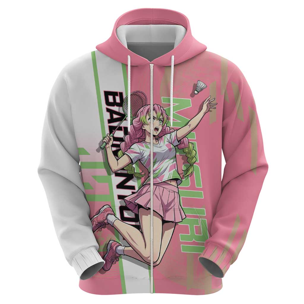 Personalized Mitsuri Kanroji Demon Slayer Badminton Hoodie with Racket Action Pose and Pink Green Graphic Design - The Mazicc