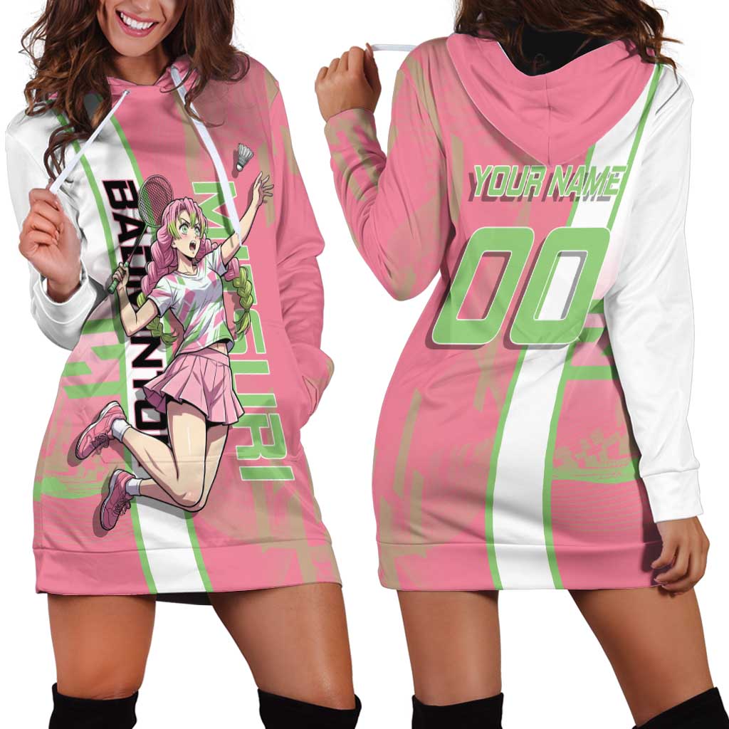 Personalized Mitsuri Kanroji Demon Slayer Badminton Hoodie Dress with Racket Action Pose and Pink Green Graphic Design - The Mazicc
