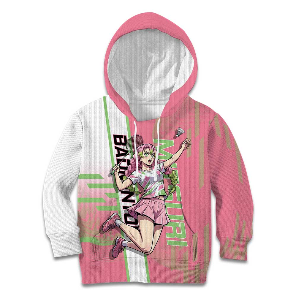 Personalized Mitsuri Kanroji Demon Slayer Badminton Kid Hoodie with Racket Action Pose and Pink Green Graphic Design - The Mazicc