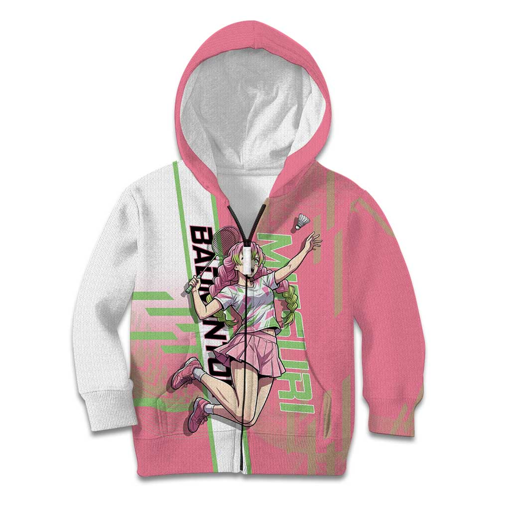 Personalized Mitsuri Kanroji Demon Slayer Badminton Kid Hoodie with Racket Action Pose and Pink Green Graphic Design - The Mazicc