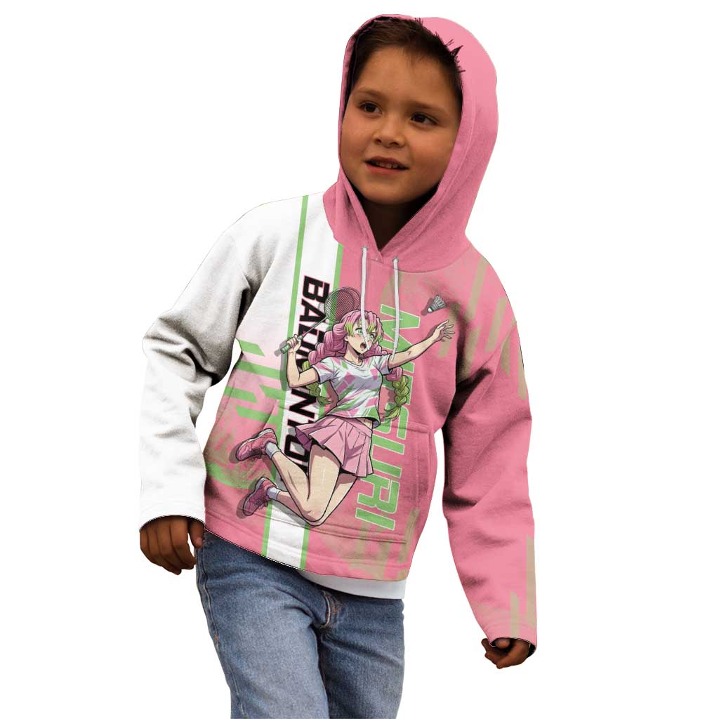 Personalized Mitsuri Kanroji Demon Slayer Badminton Kid Hoodie with Racket Action Pose and Pink Green Graphic Design - The Mazicc