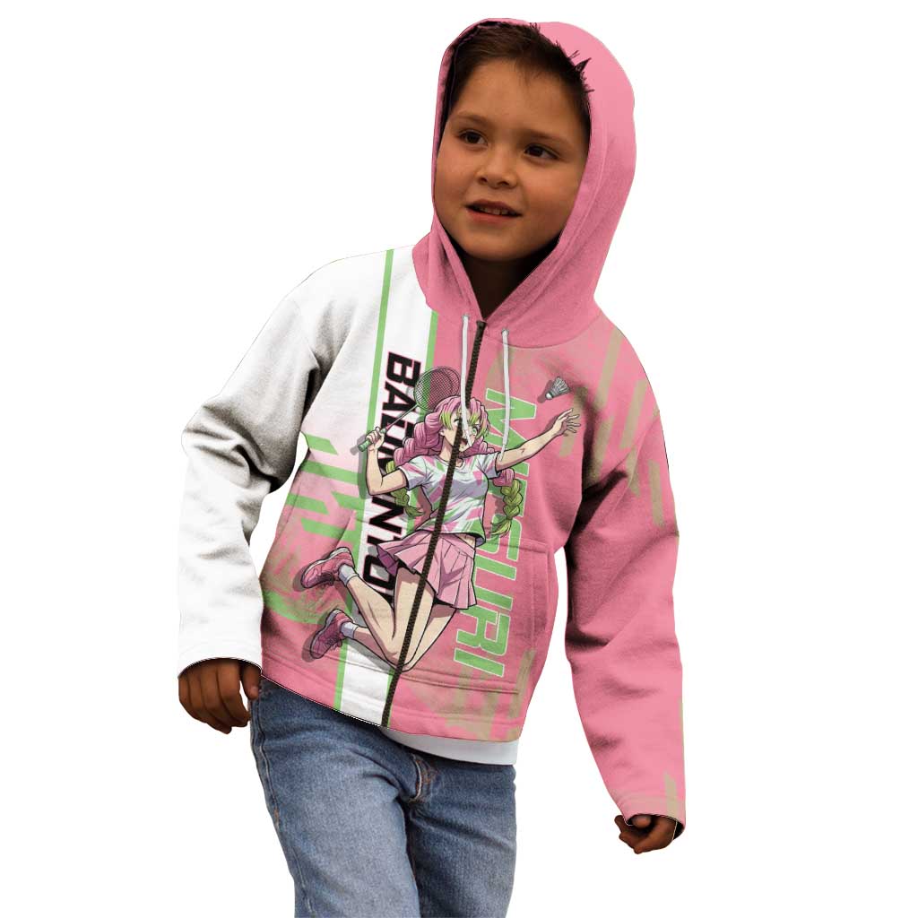 Personalized Mitsuri Kanroji Demon Slayer Badminton Kid Hoodie with Racket Action Pose and Pink Green Graphic Design - The Mazicc