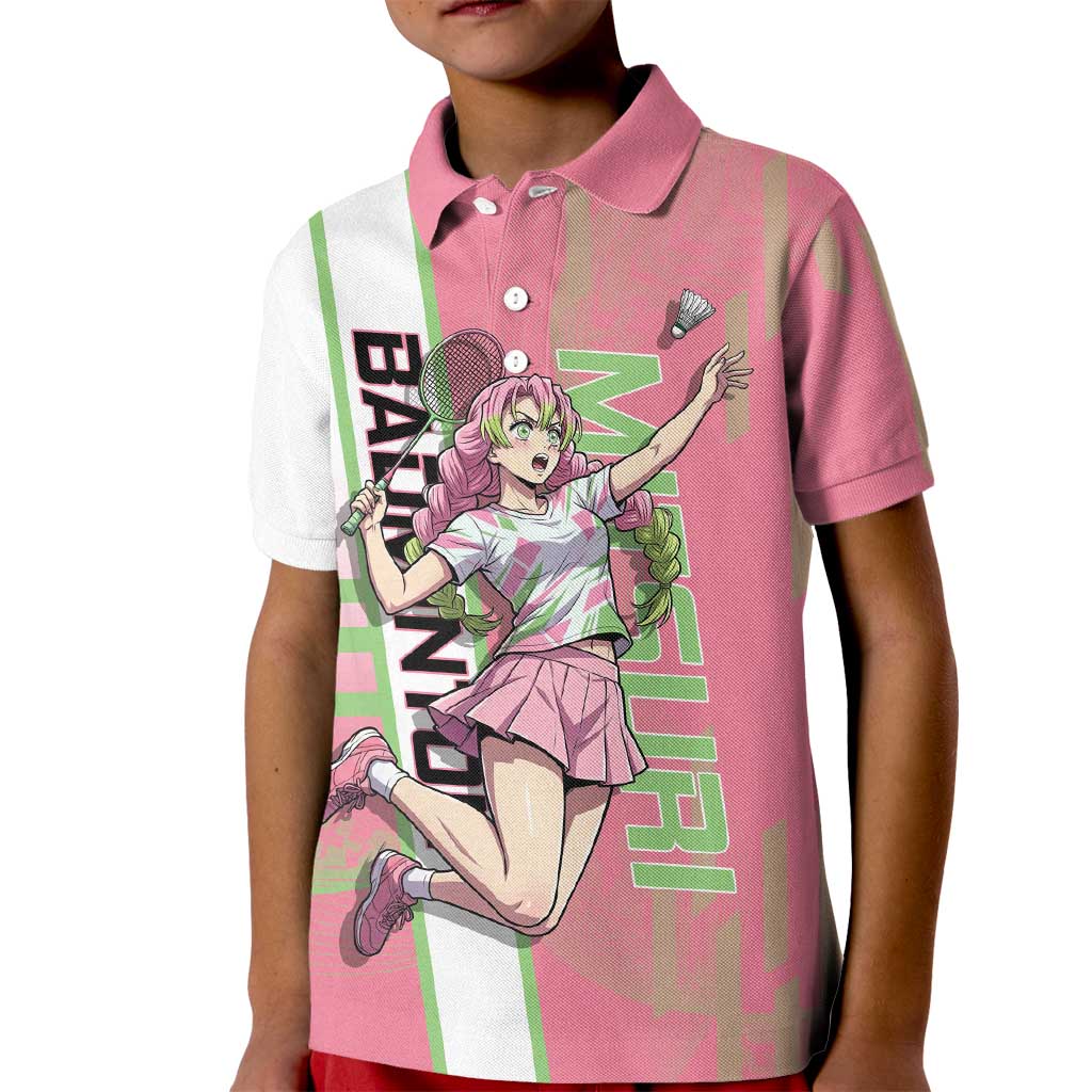 Personalized Mitsuri Kanroji Demon Slayer Badminton Kid Polo Shirt with Racket Action Pose and Pink Green Graphic Design - The Mazicc