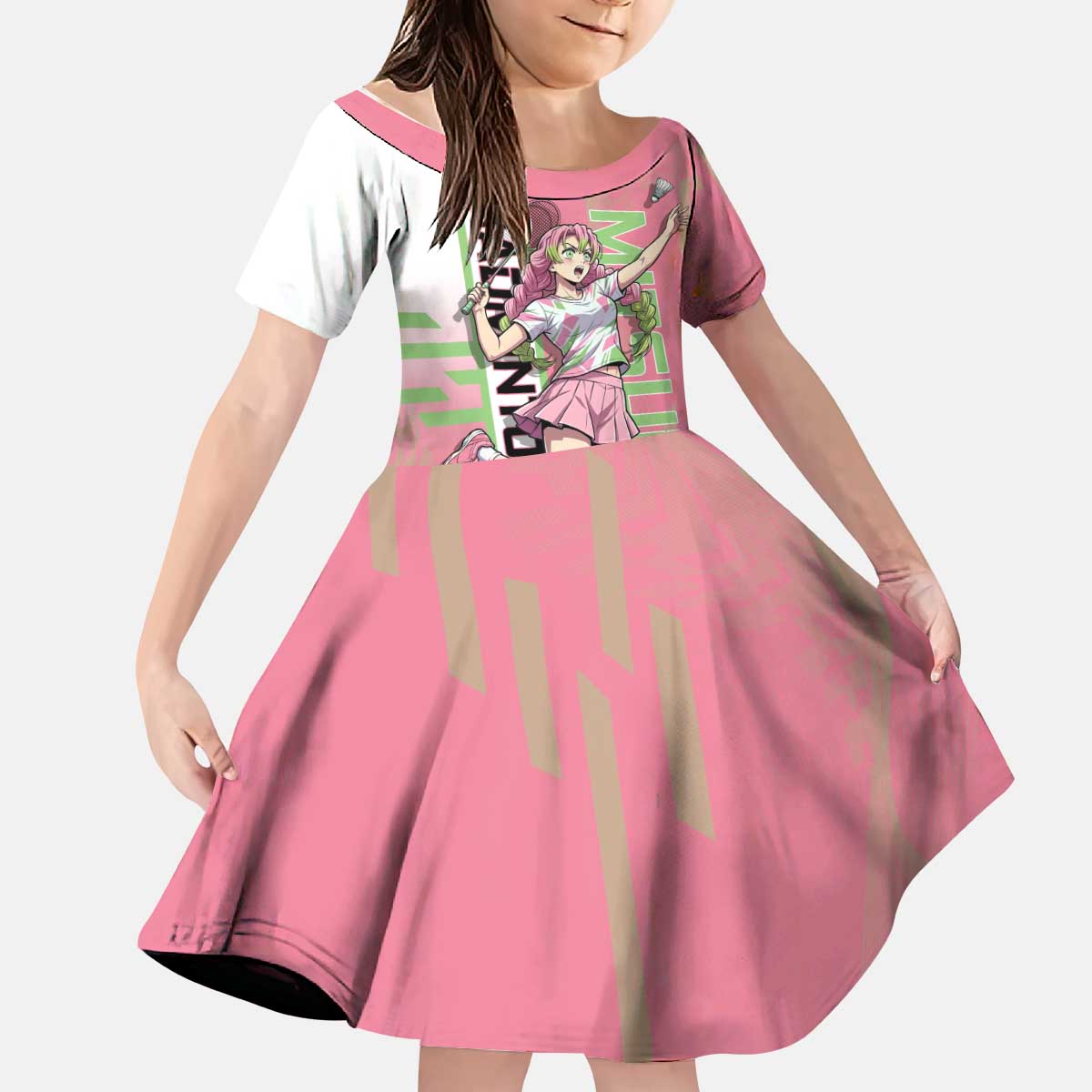 Personalized Mitsuri Kanroji Demon Slayer Badminton Kid Short Sleeve Dress with Racket Action Pose and Pink Green Graphic Design - The Mazicc
