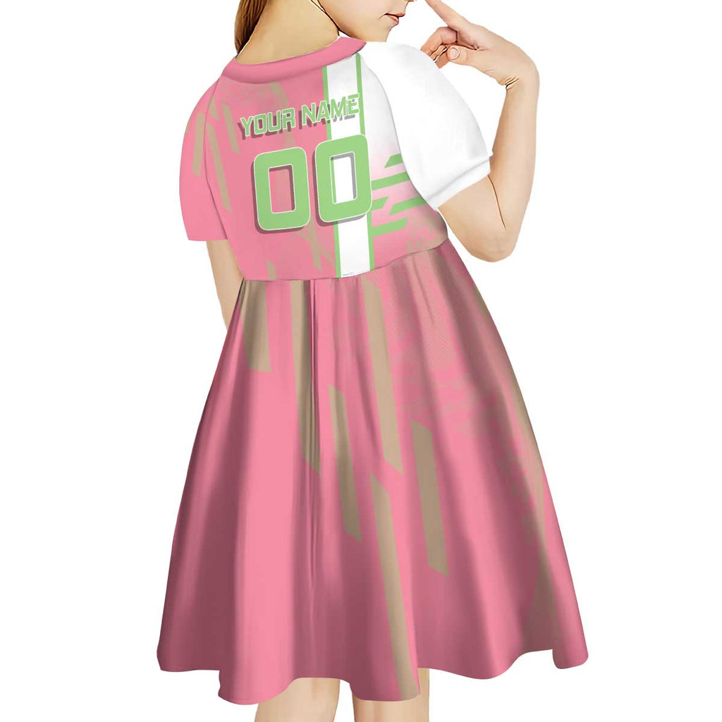 Personalized Mitsuri Kanroji Demon Slayer Badminton Kid Short Sleeve Dress with Racket Action Pose and Pink Green Graphic Design - The Mazicc