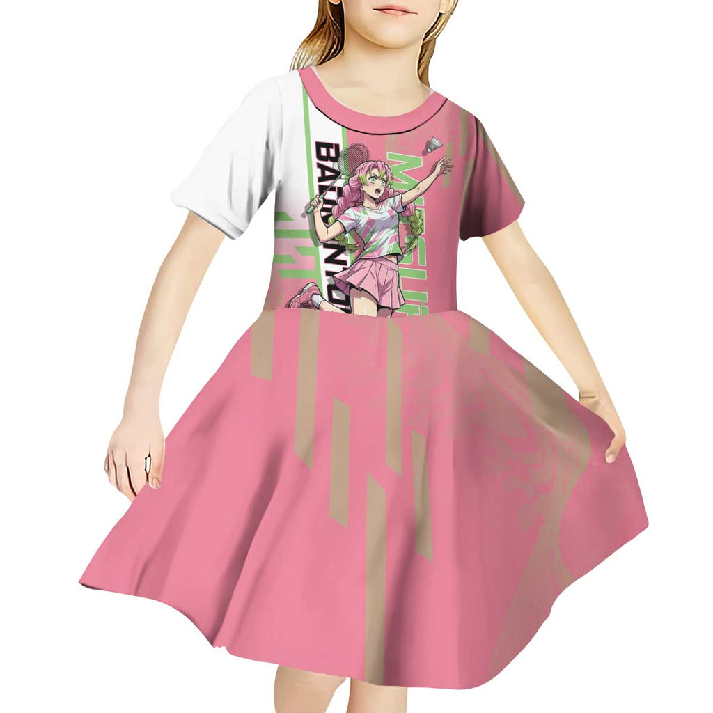 Personalized Mitsuri Kanroji Demon Slayer Badminton Kid Short Sleeve Dress with Racket Action Pose and Pink Green Graphic Design - The Mazicc