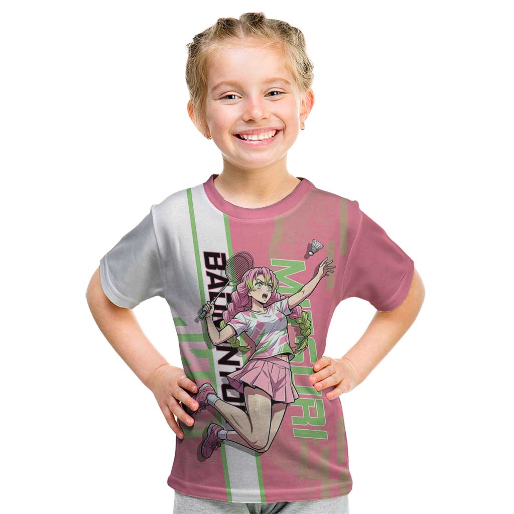 Personalized Mitsuri Kanroji Demon Slayer Badminton Kid T Shirt with Racket Action Pose and Pink Green Graphic Design - The Mazicc