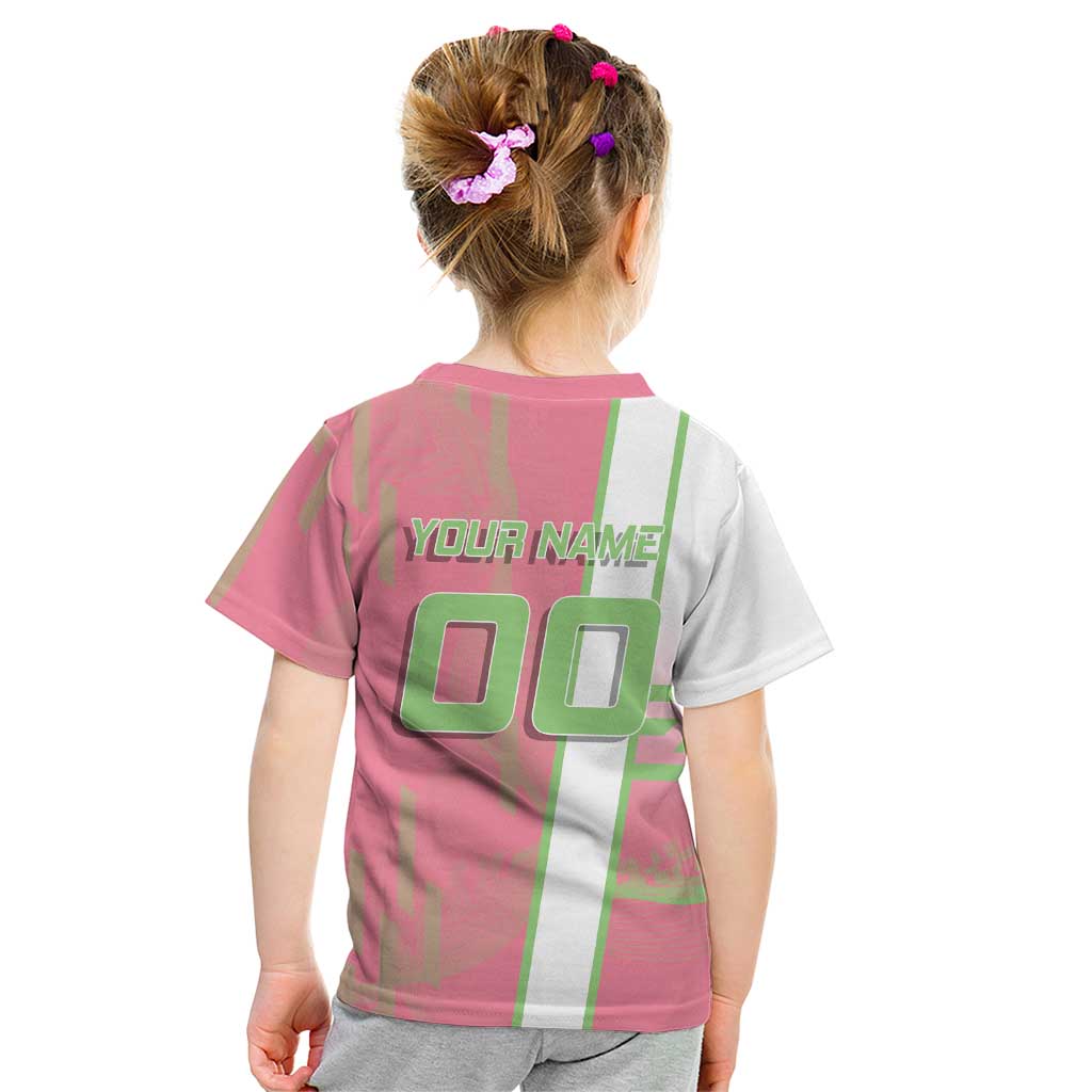 Personalized Mitsuri Kanroji Demon Slayer Badminton Kid T Shirt with Racket Action Pose and Pink Green Graphic Design - The Mazicc