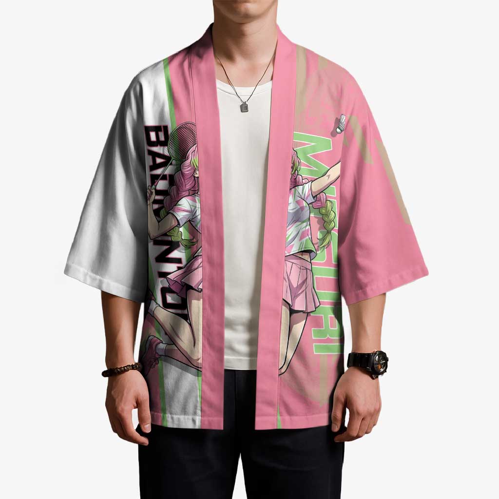 Personalized Mitsuri Kanroji Demon Slayer Badminton Kimono with Racket Action Pose and Pink Green Graphic Design - The Mazicc