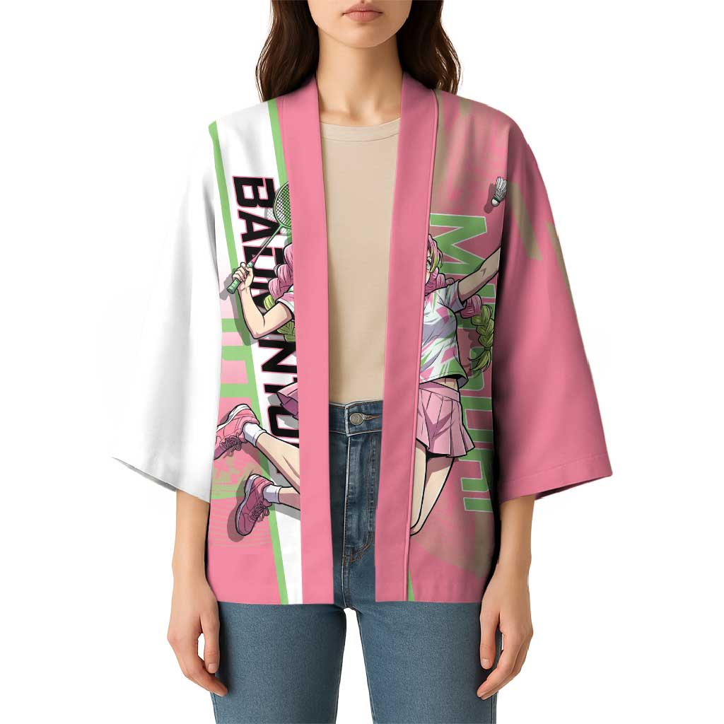 Personalized Mitsuri Kanroji Demon Slayer Badminton Kimono with Racket Action Pose and Pink Green Graphic Design - The Mazicc
