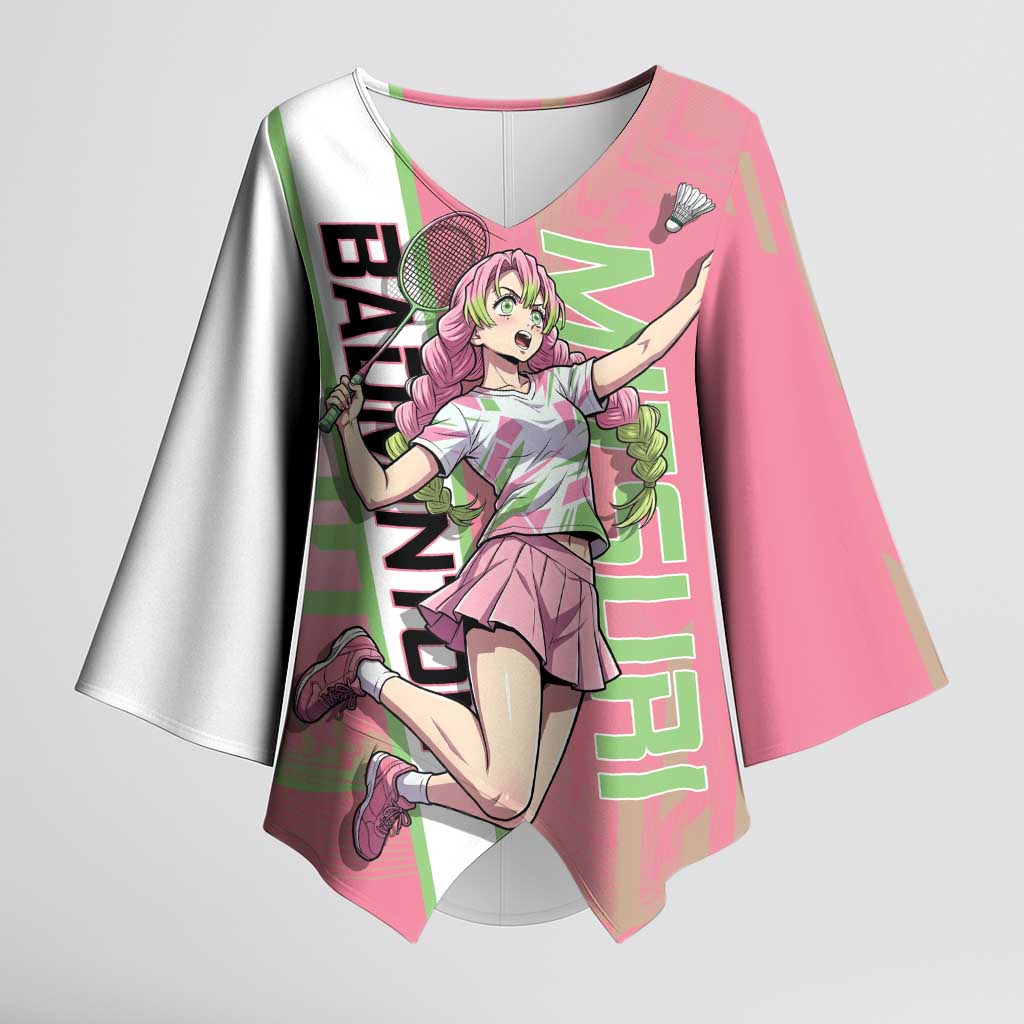 Personalized Mitsuri Kanroji Demon Slayer Badminton Kimono Sleeve Blouse with Racket Action Pose and Pink Green Graphic Design - The Mazicc