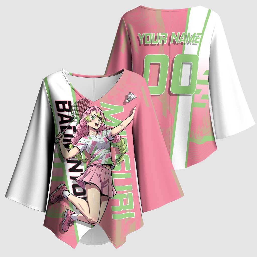 Personalized Mitsuri Kanroji Demon Slayer Badminton Kimono Sleeve Blouse with Racket Action Pose and Pink Green Graphic Design - The Mazicc