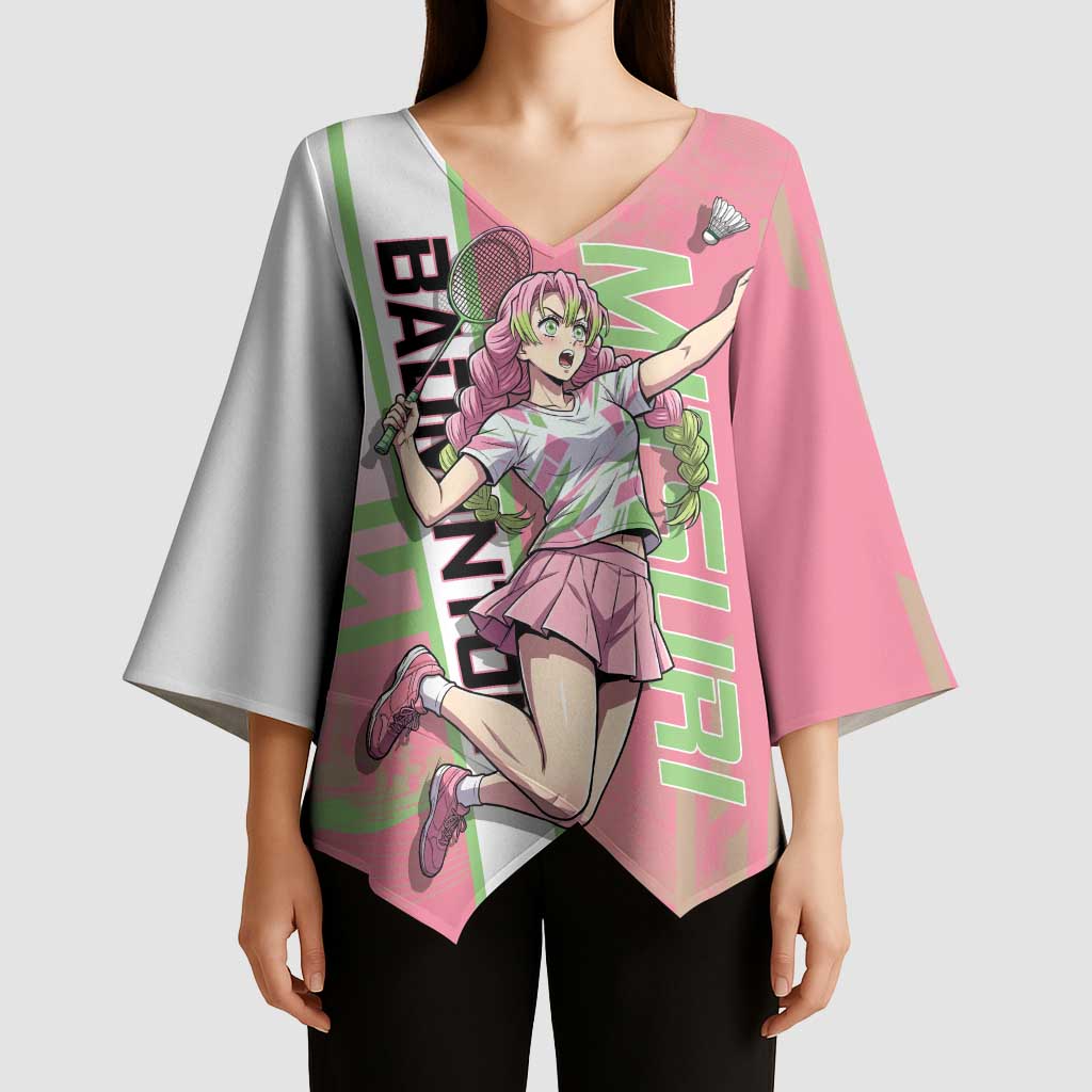 Personalized Mitsuri Kanroji Demon Slayer Badminton Kimono Sleeve Blouse with Racket Action Pose and Pink Green Graphic Design - The Mazicc