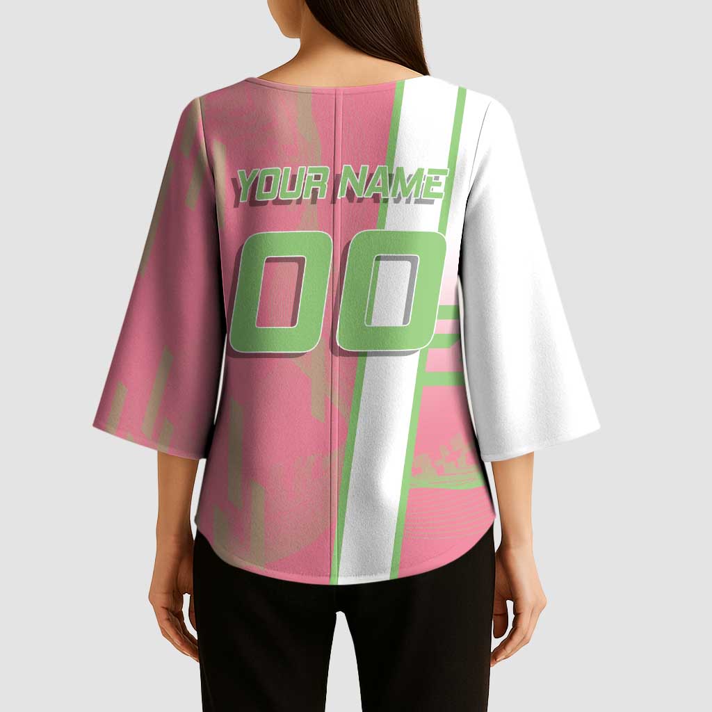 Personalized Mitsuri Kanroji Demon Slayer Badminton Kimono Sleeve Blouse with Racket Action Pose and Pink Green Graphic Design - The Mazicc