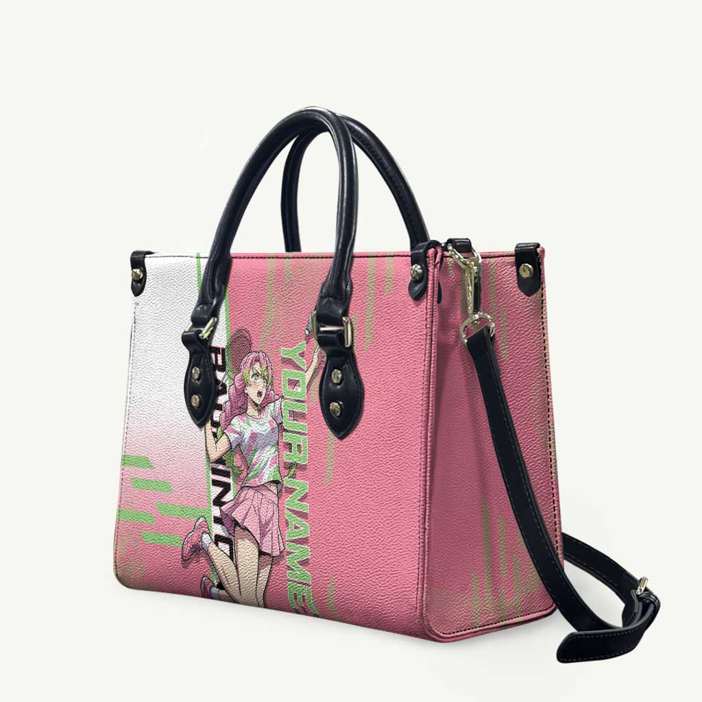 Personalized Mitsuri Kanroji Demon Slayer Badminton Leather Bag with Racket Action Pose and Pink Green Graphic Design - The Mazicc