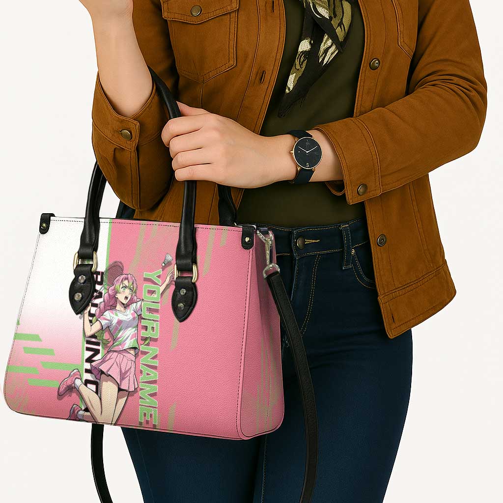 Personalized Mitsuri Kanroji Demon Slayer Badminton Leather Bag with Racket Action Pose and Pink Green Graphic Design - The Mazicc