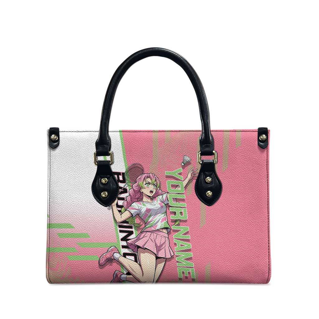 Personalized Mitsuri Kanroji Demon Slayer Badminton Leather Bag with Racket Action Pose and Pink Green Graphic Design - The Mazicc