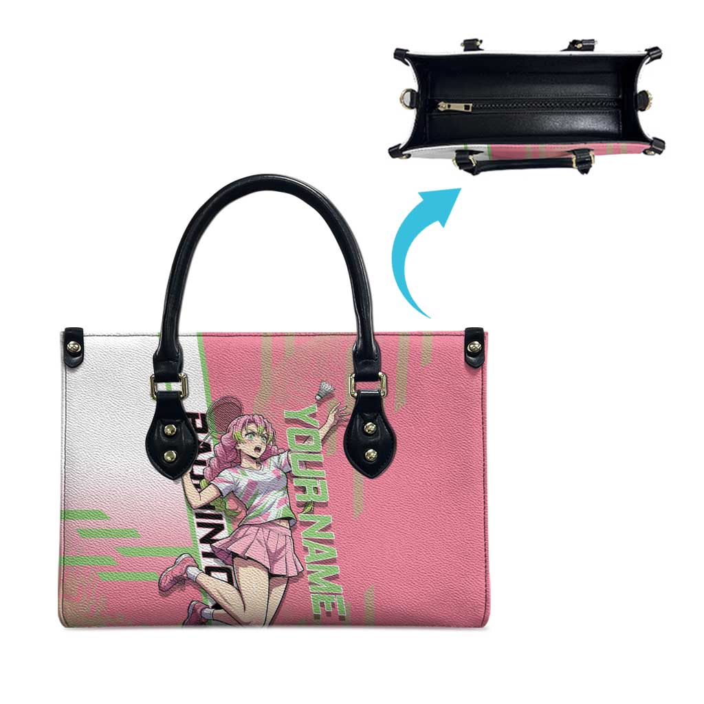 Personalized Mitsuri Kanroji Demon Slayer Badminton Leather Bag with Racket Action Pose and Pink Green Graphic Design - The Mazicc