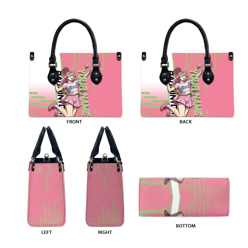 Personalized Mitsuri Kanroji Demon Slayer Badminton Leather Bag with Racket Action Pose and Pink Green Graphic Design - The Mazicc