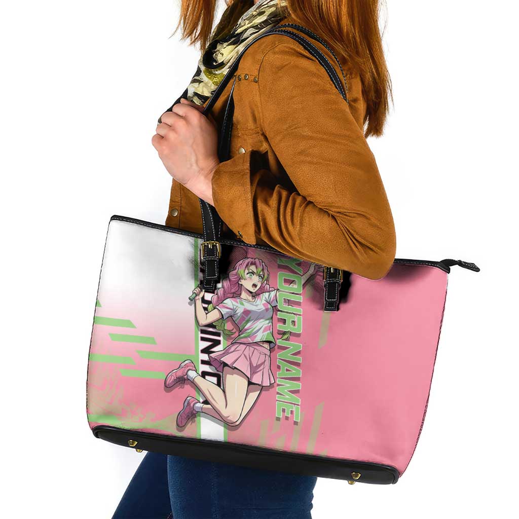 Personalized Mitsuri Kanroji Demon Slayer Badminton Leather Tote Bag with Racket Action Pose and Pink Green Graphic Design - The Mazicc