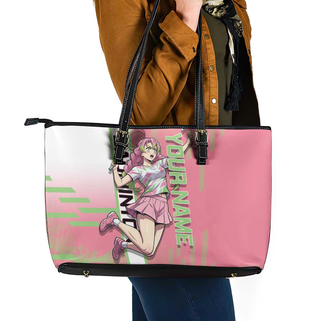 Personalized Mitsuri Kanroji Demon Slayer Badminton Leather Tote Bag with Racket Action Pose and Pink Green Graphic Design - The Mazicc