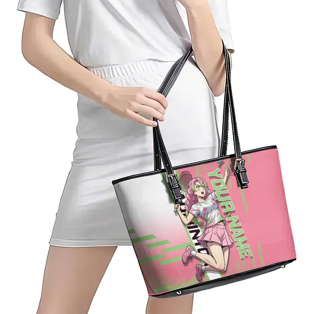 Personalized Mitsuri Kanroji Demon Slayer Badminton Leather Tote Bag with Racket Action Pose and Pink Green Graphic Design - The Mazicc
