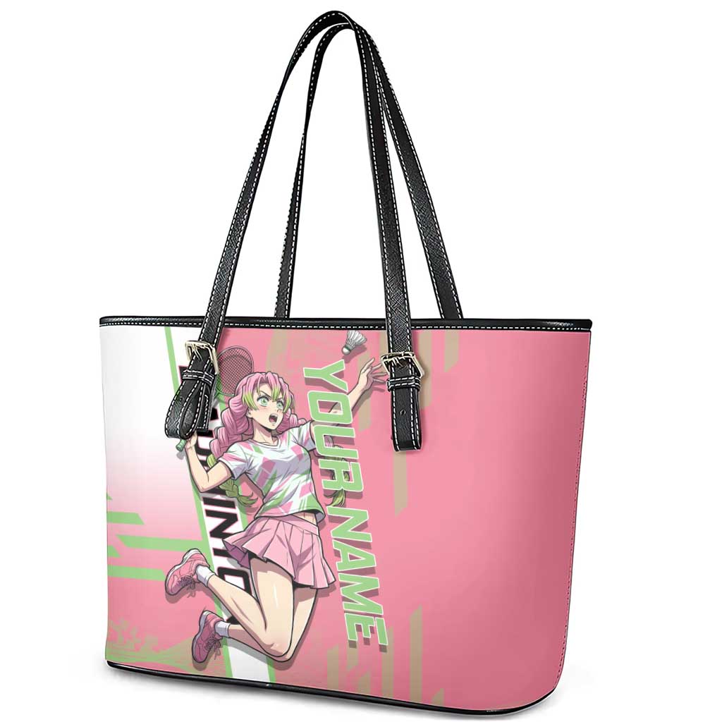 Personalized Mitsuri Kanroji Demon Slayer Badminton Leather Tote Bag with Racket Action Pose and Pink Green Graphic Design - The Mazicc