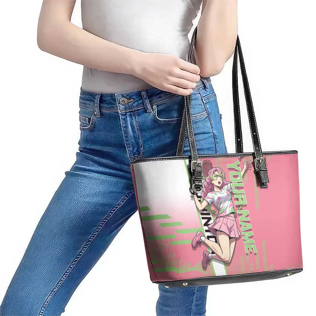 Personalized Mitsuri Kanroji Demon Slayer Badminton Leather Tote Bag with Racket Action Pose and Pink Green Graphic Design - The Mazicc