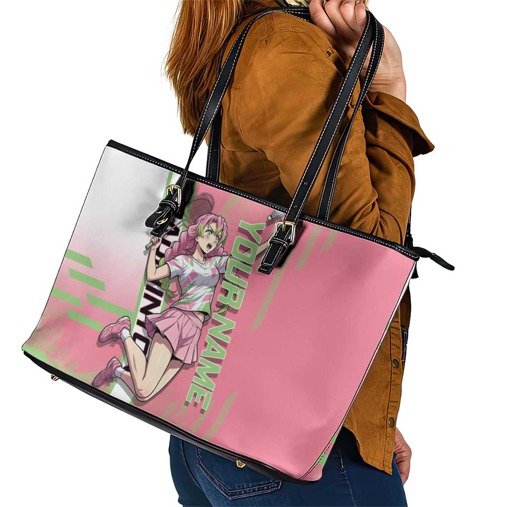 Personalized Mitsuri Kanroji Demon Slayer Badminton Leather Tote Bag with Racket Action Pose and Pink Green Graphic Design - The Mazicc