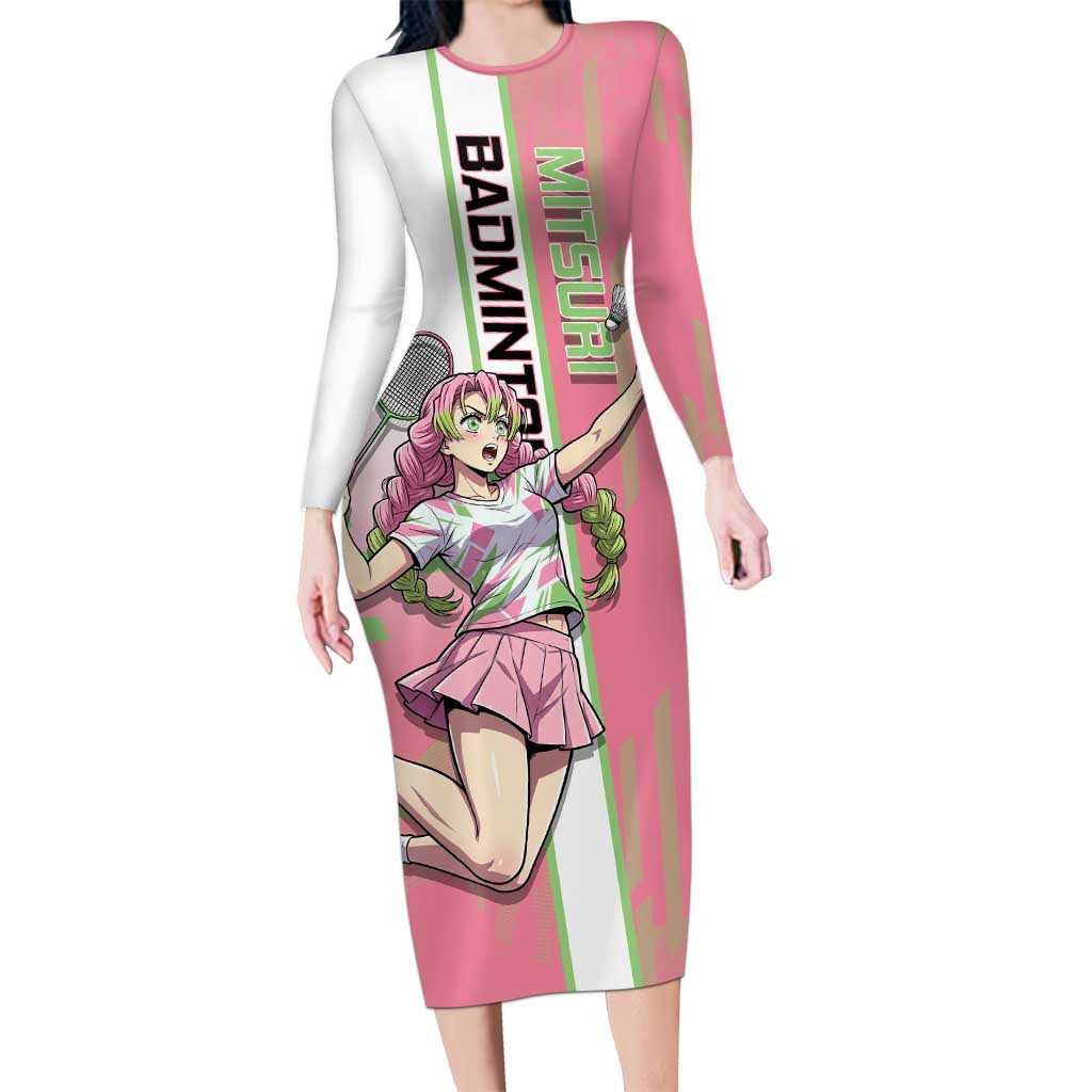 Personalized Mitsuri Kanroji Demon Slayer Badminton Long Sleeve Bodycon Dress with Racket Action Pose and Pink Green Graphic Design - The Mazicc