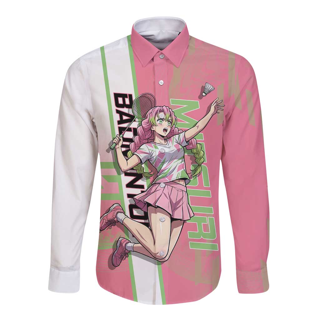 Personalized Mitsuri Kanroji Demon Slayer Badminton Long Sleeve Button Shirt with Racket Action Pose and Pink Green Graphic Design - The Mazicc