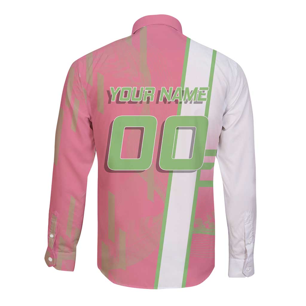 Personalized Mitsuri Kanroji Demon Slayer Badminton Long Sleeve Button Shirt with Racket Action Pose and Pink Green Graphic Design - The Mazicc