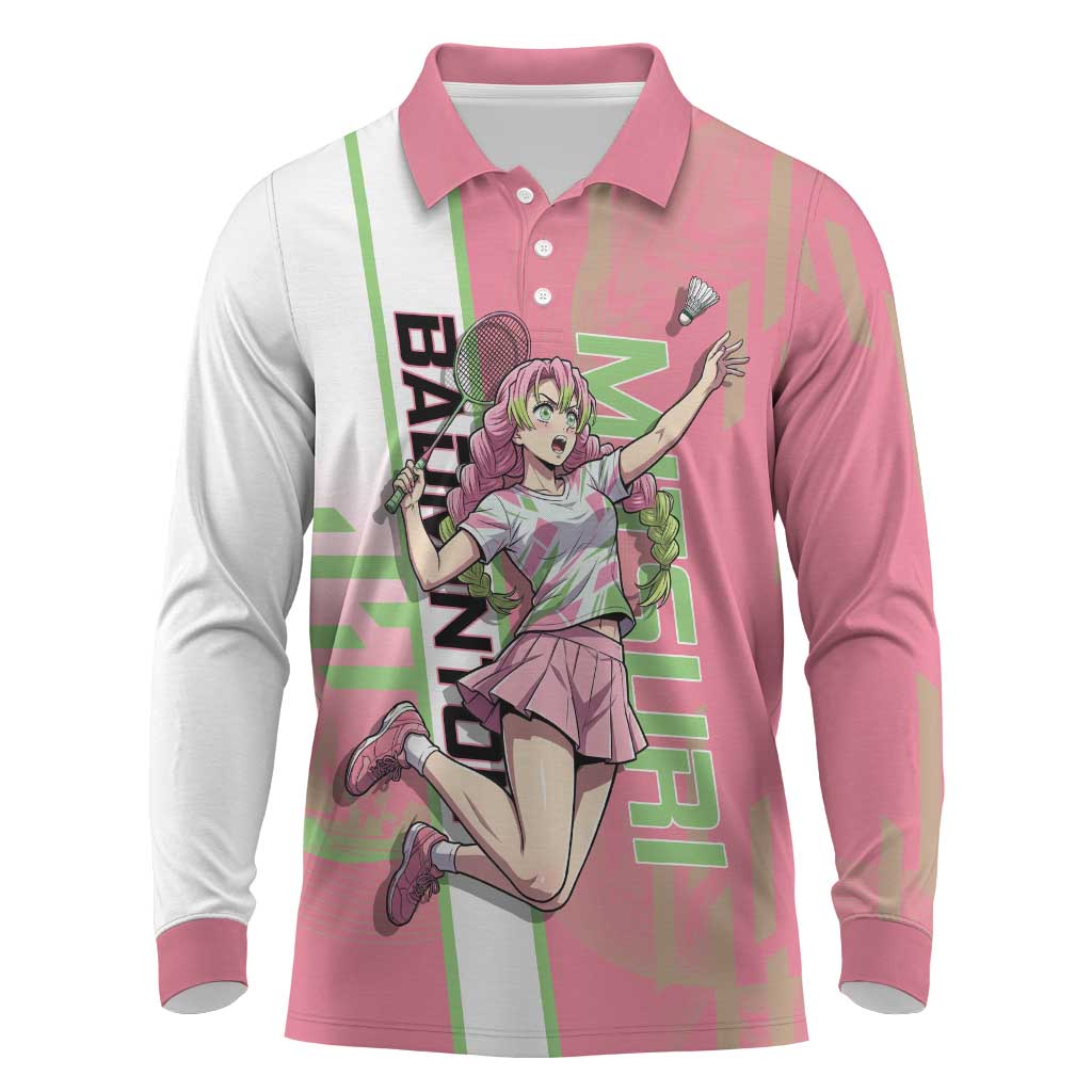 Personalized Mitsuri Kanroji Demon Slayer Badminton Long Sleeve Polo Shirt with Racket Action Pose and Pink Green Graphic Design - The Mazicc